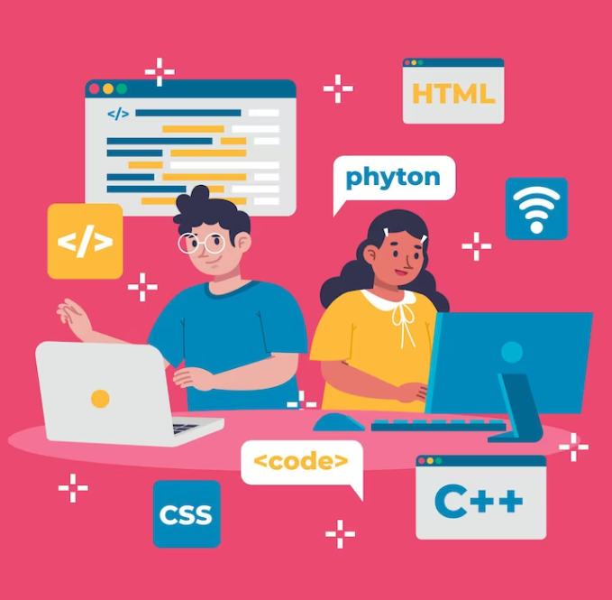 persons with computer screens, surrounded by programming icons like HTML, CSS, and "phyton"