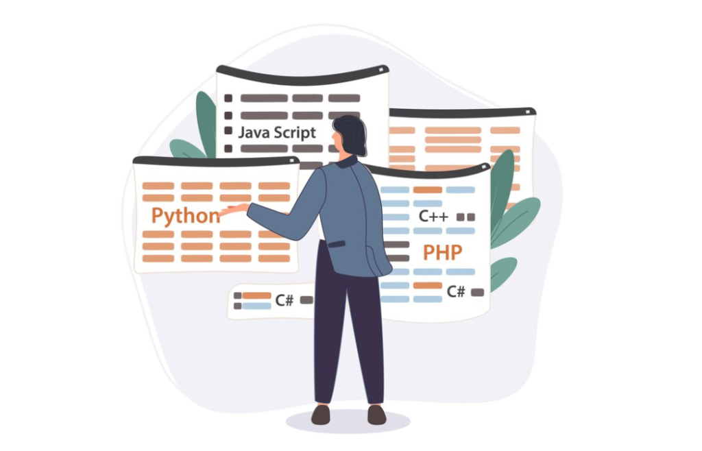 man pointing at floating code snippets from languages like JavaScript, Python, C++, PHP, and C#